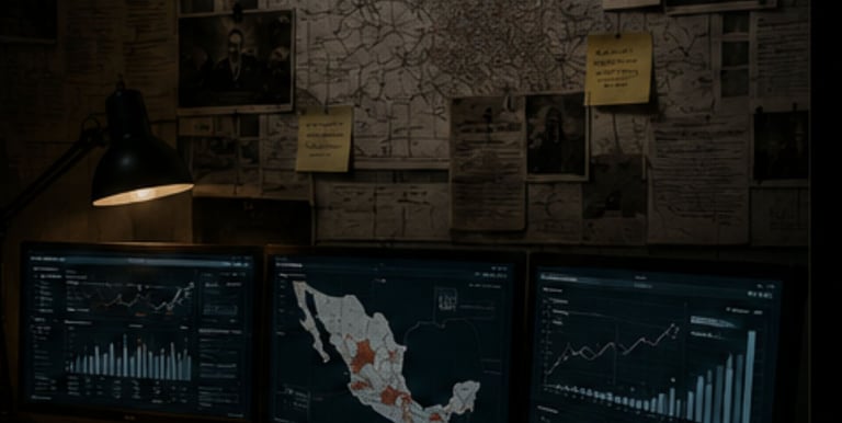 A dark workspace with computer monitors showing data charts and a large map on the wall with notes for election analysis.