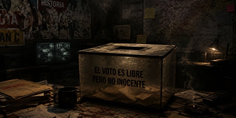 A transparent glass ballot box on a desk with maps and documents in a dark political campaign room.