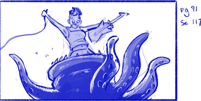 Storyboard panel by Lucas Green for Lupe Q and the Galactic Earworms