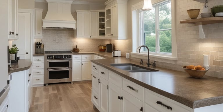 A skilled handyman installing elegant tile backsplash in a modern kitchen.
