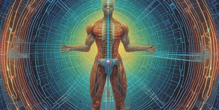 Abstract visualization of bio-electromagnetic fields harmonizing in vibrant colors.