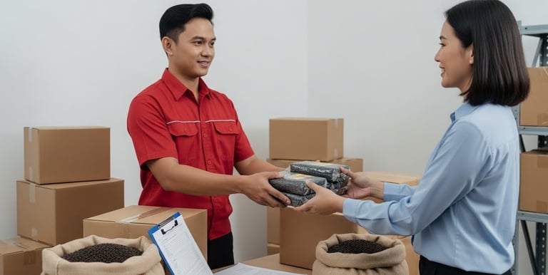 a man in a red shirt is handing a box of spices