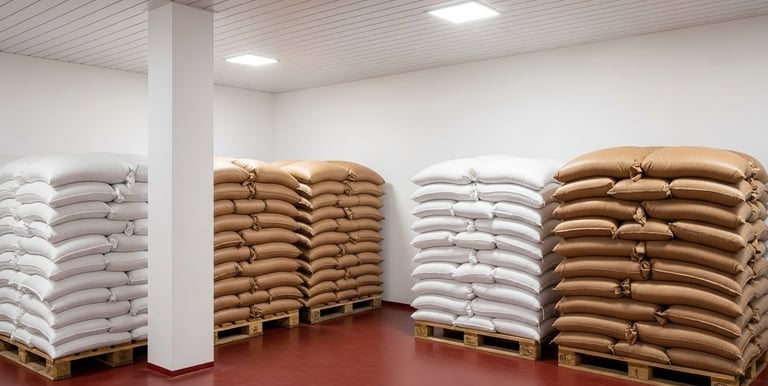 a room with a lot of bags of spices on pallets