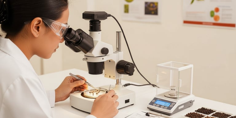 a woman in a lab coat is looking at spices