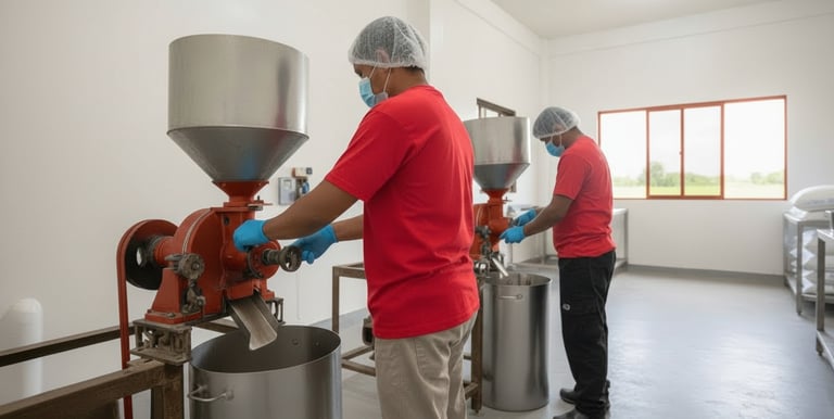 a man in a red shirt and a woman in a red shirt handling spices