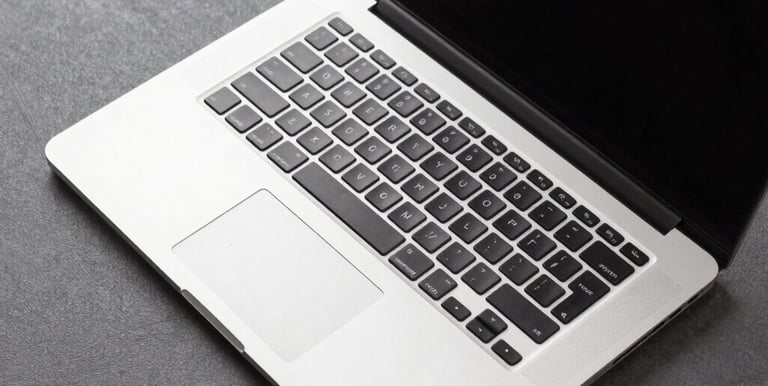Detailed close up of laptop, make it from top angle, fully opened, and give elegant accent