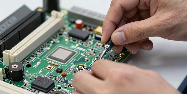 Technician repairing a laptop motherboard with precision tools in a modern workshop.