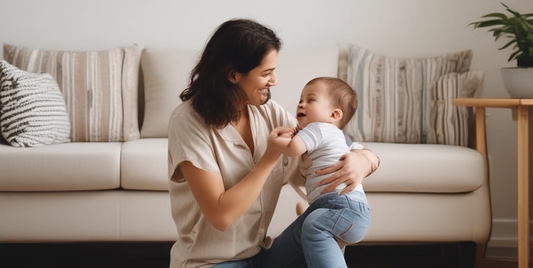 A mom joyfully playing with her kids surrounded by thoughtfully chosen toys and essentials.