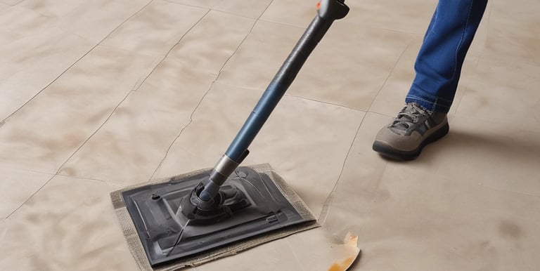 Close-up of a craftsman carefully installing vinyl plank flooring in a bright living room.
