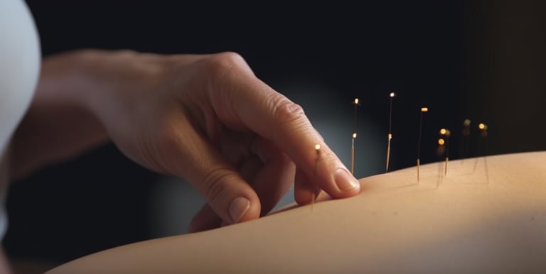 Close-up picture of an acupuncturist's hand inserting needles into a patient's skin.