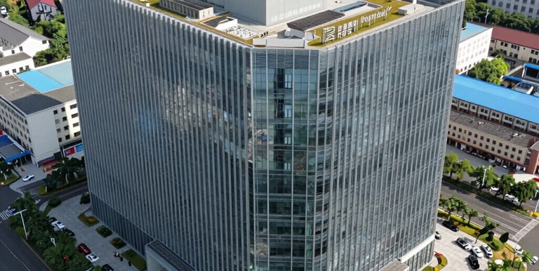 Drone flying over a construction site with bright safety orange vests visible on workers below.