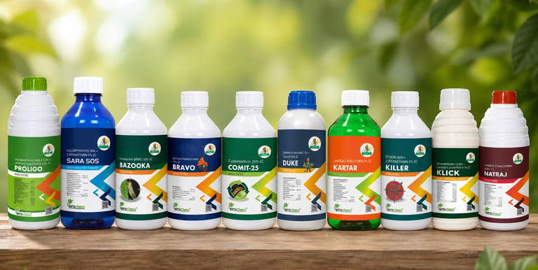 A variety of Iprochem liquid insecticide bottles for agricultural pest control on a wooden table.