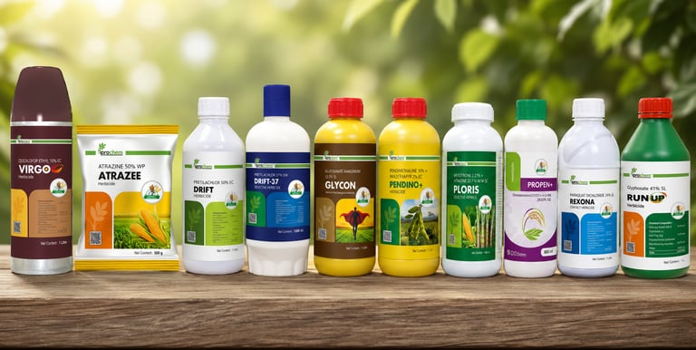 A row of various Iprochem herbicide bottles and packs on a wooden table for agricultural weed control.