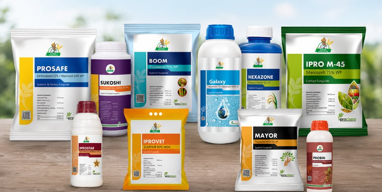 A collection of agricultural fungicides and pesticides by Iprochem displayed on a wooden surface.