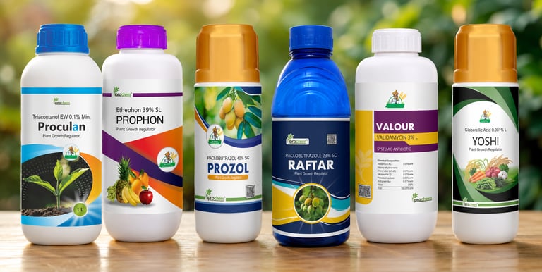 Six agricultural plant growth regulator bottles on a wooden surface with a blurred green background.