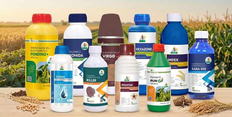 A collection of agricultural pesticide and herbicide bottles displayed on a wooden table with a field background.