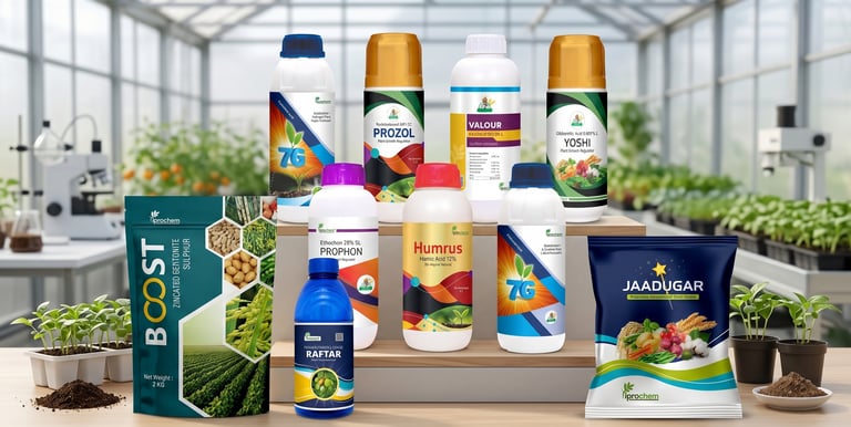 A collection of agricultural fertilizers and pesticides on a wooden table inside a bright greenhouse.
