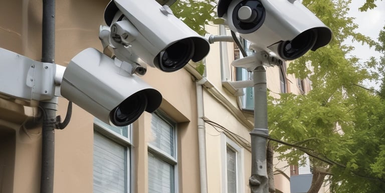 Close-up of an IP camera mounted on a building exterior with clear sky background.
