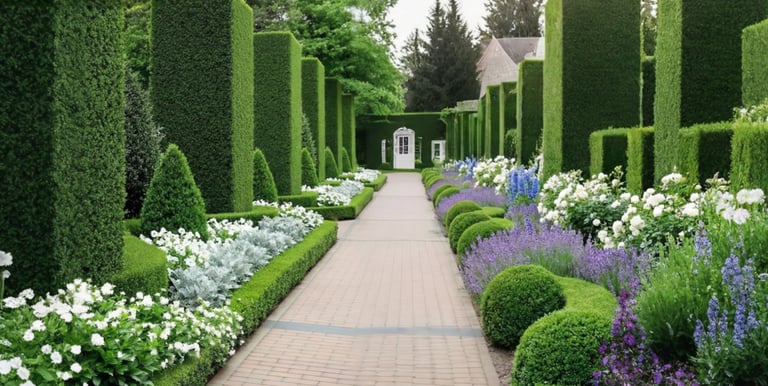Formal garden pathway lined with tall manicured hedges, white flowers, and purple lavender.