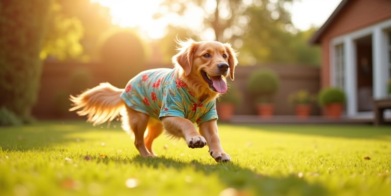 Un Golden Retriever feliz, con una camisa hawaiana de flores, corriendo por el césped soleado 