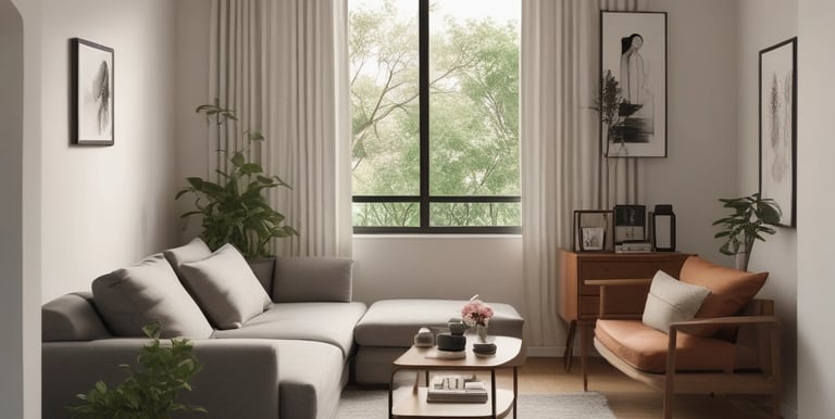 Elegant living area featuring clean lines, warm neutral tones, and subtle gold details, reflecting contemporary comfort.