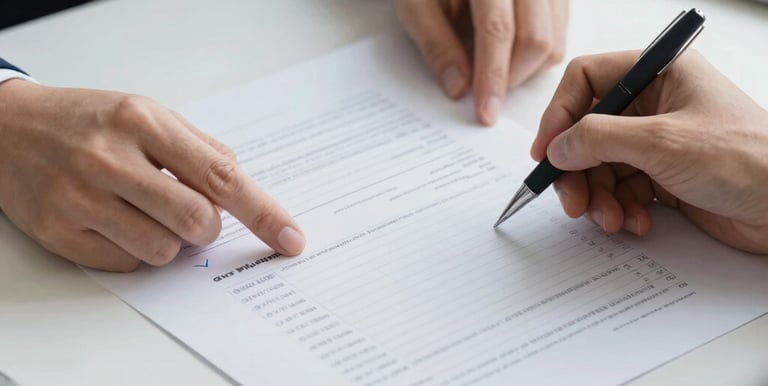 A sleek office setting with professionals reviewing financial documents under warm golden lighting.
