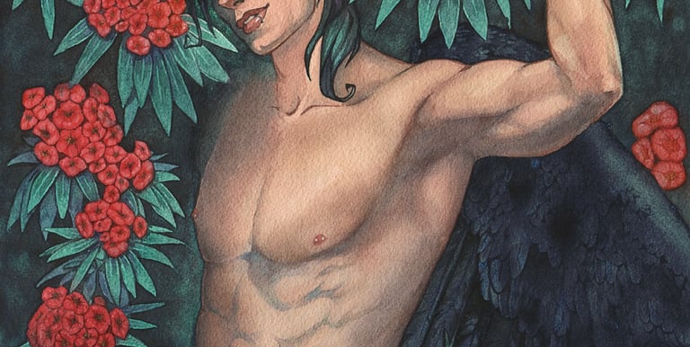 ritratto ali di demone e fiori ad acquerello