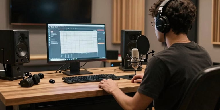 A cozy radio studio with microphones and glowing soundboards, capturing the essence of live bilingual broadcasting.