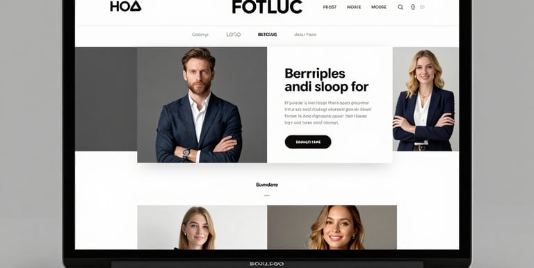 A sleek modern workspace with dual monitors displaying website designs in dark mode with blue accents.