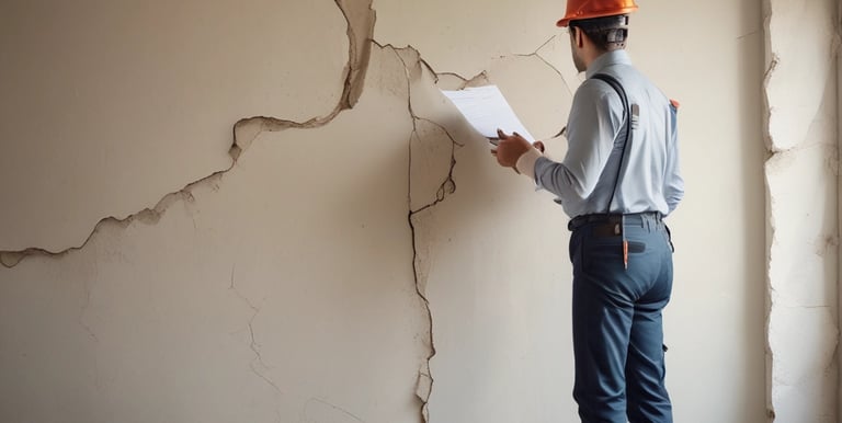 Close-up of detailed architectural blueprints and technical reports on a wooden desk.