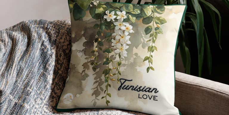 Tunisian Love decorative pillow with white jasmine floral design on a cozy armchair with a blue throw blanket.