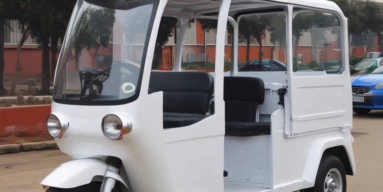A sleek electric tricycle navigating a bustling East African street.