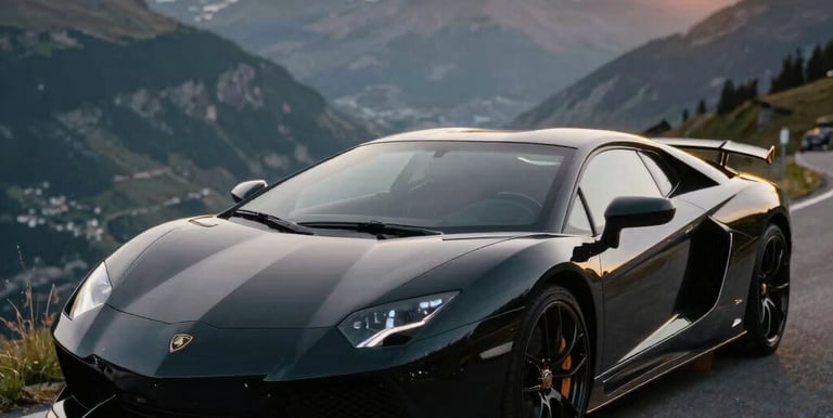 A sleek black luxury car parked in front of a modern Swiss mountain chalet at sunset.