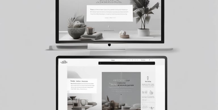 A clean workspace with a laptop displaying a minimalist portfolio website in deep blue accents.