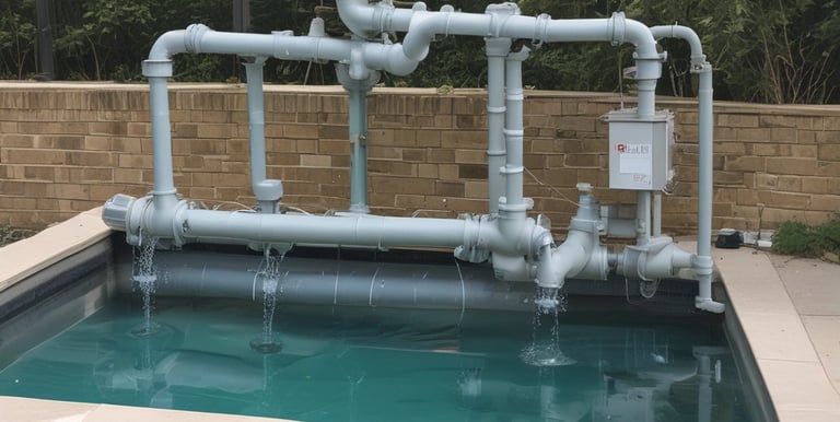 Close-up of sparkling pool accessories like skimmers and cleaning nets arranged on display.