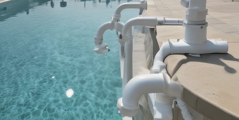 Close-up of sparkling pool accessories like skimmers and cleaning nets arranged on display.