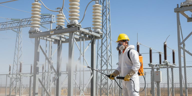 Worker in hazmat suit cleaning electrical insulators at a power substation with high pressure spray.