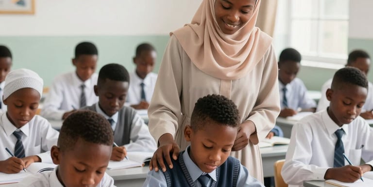 A teacher guiding young students during Qur’an recitation in the academy’s serene study hall.