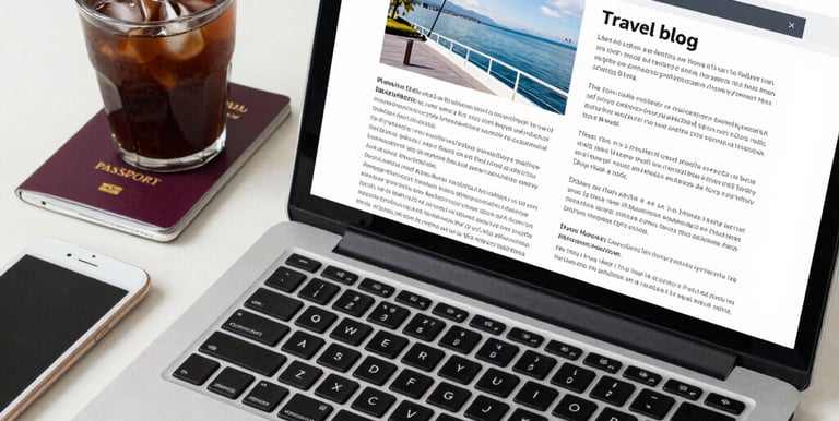A cozy workspace with a laptop open to a travel blog page, surrounded by travel guides and a cup of coffee.
