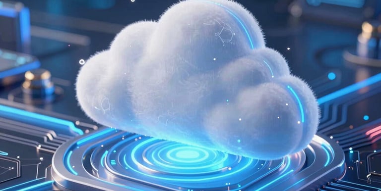 Marketing technology service banner with a futuristic cloud computing and microchip circuit board.