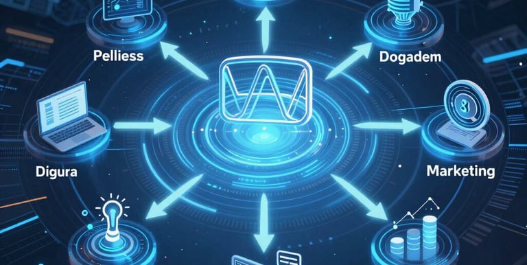 Digital marketing ecosystem diagram showing interconnected business data icons and analytics tools.