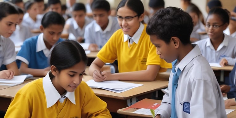 Children participating enthusiastically in an outdoor sports activity on the school field.
