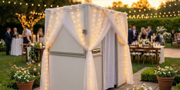 a photo booth in a beautiful backyard wedding