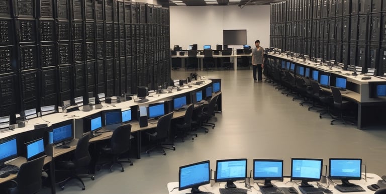 A team of IT professionals collaborating over network infrastructure equipment in a modern office.