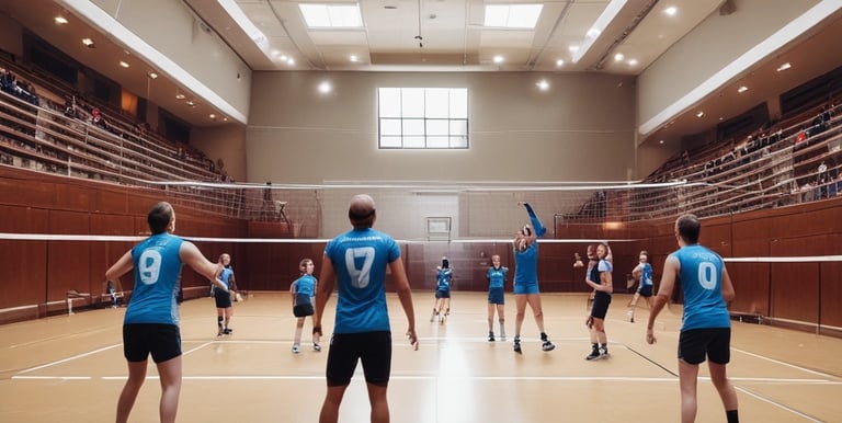 Young athletes practicing powerful spikes on an indoor volleyball court bathed in purple lighting.