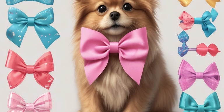 A colorful display of pet bow ties and collars arranged on a rustic wooden table.