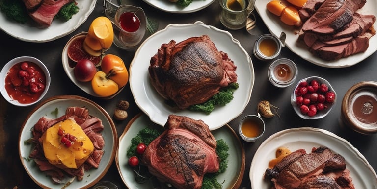 A vibrant platter of colorful vegan dishes artfully arranged on a rustic wooden table.