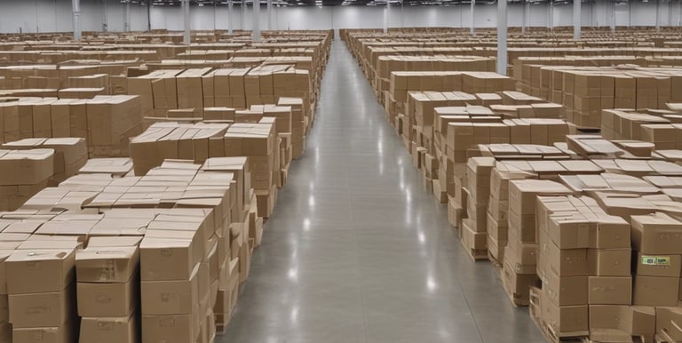 Photo of luxury branded clothing neatly arranged in a modern warehouse with black and white accents.