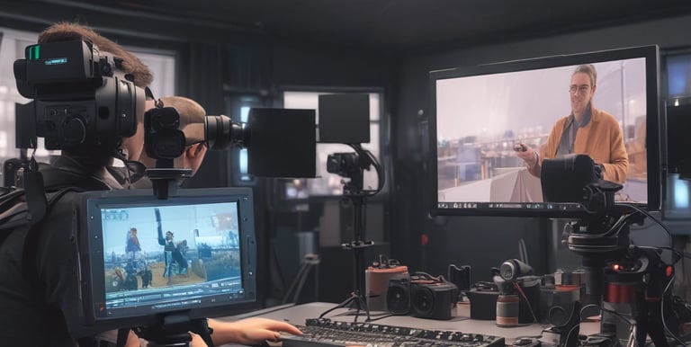 A cinematic film camera setup with Blackmagic Pyxis 12K lenses under dramatic lighting.