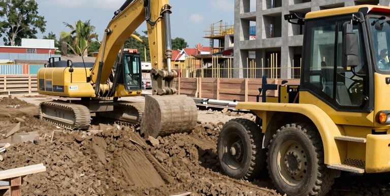 Close-up of heavy machinery smoothing earth for a building foundation.
